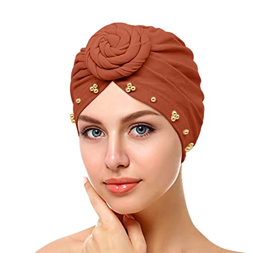 Damen-Stirnbänder, elastisch, einfarbig, bequem, mit Perlen, große Kappe für Damen, nicht glatt, C-Braun, Einheitsgröße von Yinguo