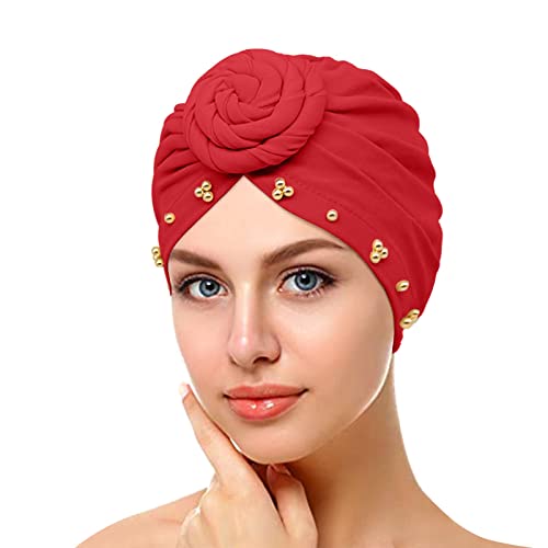 Damen-Stirnbänder, elastisch, einfarbig, bequem, mit Perlen, große Kappe für Damen, nicht glatt, C-Rot, Einheitsgröße von Yinguo
