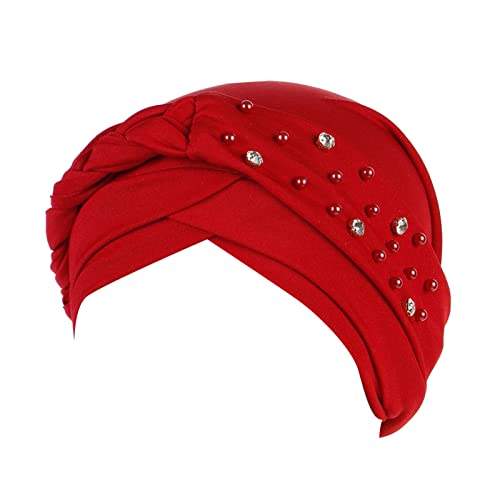 Damen große, elastische, einfarbige, bequeme flache Mütze, einfarbige Nietenperlen, einfarbig, einzelne Streifen, Perlenbohrer, geflochtene Kappe, leichtes Sport-Stirnband (B-Rot, Einheitsgröße) von Yinguo
