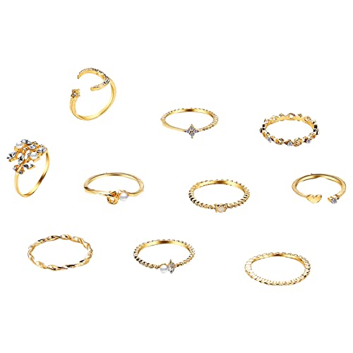 Edelstahl-Ringe, 10 Stück, goldfarben, Retro-Stern, Mondringe, Set, Blatt, Liebesring für Frauen, Mädchen, Vintage-Stil, stapelbare Boho-Fingerringe, Legierung, Strassringe, Retro-Geometrie-Ring, Schmuck, gold, Einheitsgröße von Yinguo