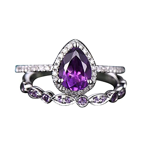 Glänzender Amethyst Ring Tropfenform Zirkonia Versprechen Ringe Set Teardrop Ring Verlobung Ehering Ring-Sets 888 Ring, violett, 32 von Yinguo