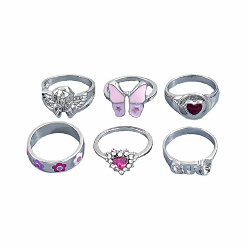 Große Vintage-Ringe für Mädchen, Persönlichkeit, Schmetterling, Tropfenform, Ölfarbe, Blumen-Herz, mehrteiliges Kombinationsset, Ring, Modeschmuck, rose, Einheitsgröße von Yinguo