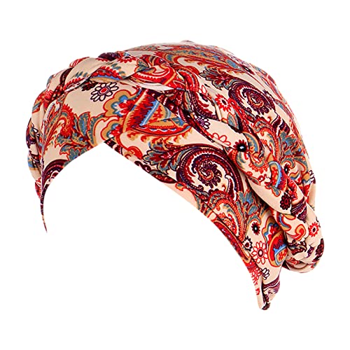 Herren Stirnbänder Ethnische Kappe Zopf Druck Turban Hut Kopfbedeckung Kopf Böhmische Blumen Haar Turban Abdeckung Kappe Wrap Heardband Top Knoten Stirnband für Frauen (Beige, Einheitsgröße) von Yinguo