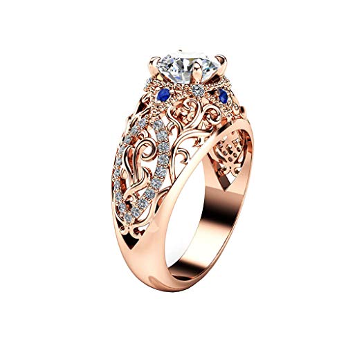 Lustige Ringe Luxus Rose Gold durchbrochene Blumen mit blauem Diamant Damen Ring Schmuck Ring Set für Jugendliche, gold, 9 von Yinguo