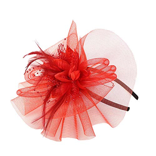 Spritz Stirnband Bänder Fascinator Mode Federn Hochzeit Mesh Party Y Hut Frauen Stift und N Baseball Kappen (Rot-B, Einheitsgröße) von Yinguo