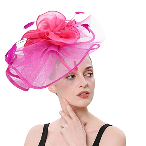 Stilvolle Stirnbänder für Männer, Hüte für Frauen, Fascinatoren, Damen-Blumenhut für Teeparty, Cocktailball, Hochzeit, Kirche, doppelte Verwendung von Haarspangen und Reifen, D-Hot Pink, Einheitsgröße von Yinguo