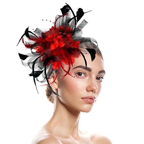 Stirnbänder Frauen Haarhüte für Frauen Fascinatoren Damen Pillbox Blumenhut für Teeparty Cocktail Ball Hochzeit Kirche (Rot 1, Einheitsgröße) von Yinguo