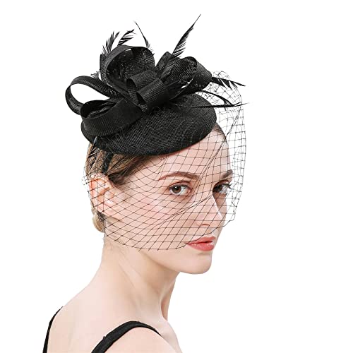 Stirnband-Material, Stoffhüte für Frauen, Fascinatoren, Damen, Pillbox, Blumenhut für Teeparty, Cocktailball, Hochzeit, Kirche (schwarz-4, Einheitsgröße) von Yinguo