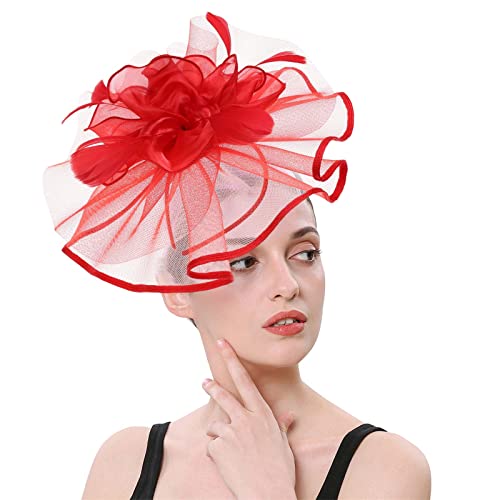 Stirnband-Schal für Frauen, Hüte für Frauen, Fascinatoren, Damen, Blumenhut für Teeparty, Cocktailball, Hochzeit, Kirche, doppelte Verwendung von Haarspangen und Reifen (7-rot, Einheitsgröße) von Yinguo