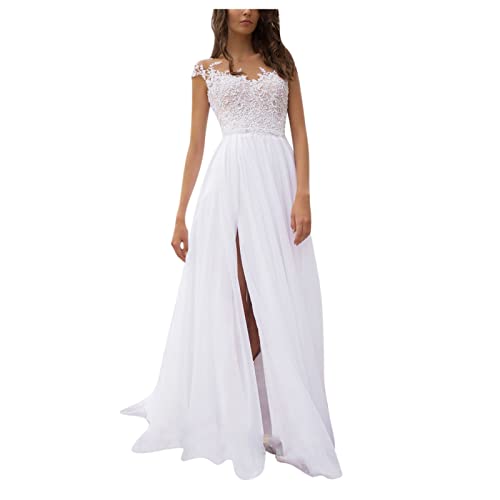 Yinguo Damen Elegant Hochzeitskleid Spitze V-Ausschnitt Abendkleid Brautkleid Kleid Spitze Chiffon Kleid Split Hochzeitskleid V Ausschnitt Kleid für Frauen Sommer, weiß, L von Yinguo