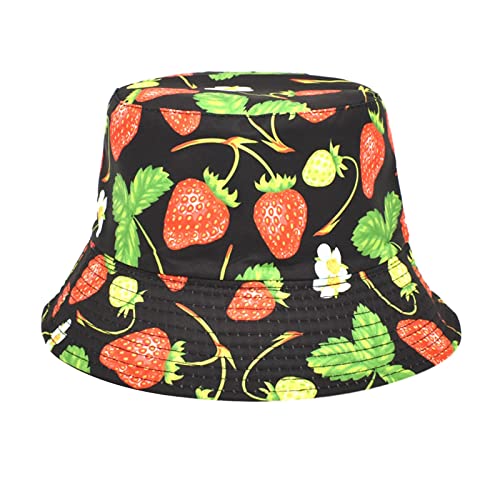 Yinguo Knit Bucket Hat Strawberry Printed Fisherman's Hat Damen Fresh Visor Hat Herren Outdoor Casual Doppelseitige Hut, Schwarz , Einheitsgröße von Yinguo