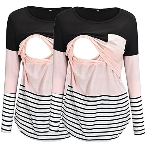 Yinguo Stillkleidung für Frauen Damen Mutterschaft Langarm Rundhals gestreift bedruckt Stilltop T-Shirt zum Stillen 2er-Pack Umstandsleggings kurz, rose, 48 von Yinguo