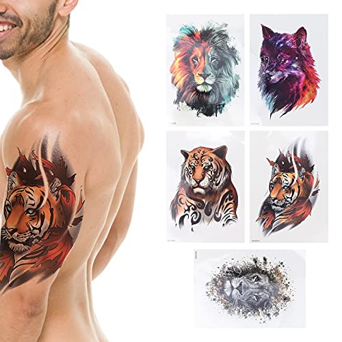 Body Art Tattoo Aufkleber 5 Blatt Tiermuster Fake Tattoo Aufkleber Temporäre Tattoo Aufkleber, Wasserdicht Halbarm Zurück Taille Bauch Fake Tattoo Aufkleber für Männer von Yinhing