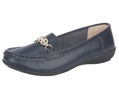 Damen-Mokassin-Slipper aus Leder mit Goldeffekt-Riemen und Diamant-Details, Schwarz (Navy Black), 40 EU von Yinka Shoes