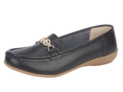 Damen-Mokassin-Slipper aus Leder mit Goldeffekt-Riemen und Diamant-Details, Schwarz , 41 EU von Yinka Shoes