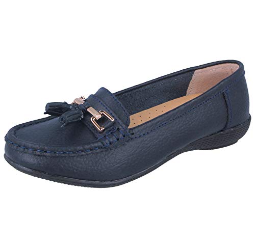 Damen-Mokassins, echtes Leder, mit Quaste, flach, nautische Bootsschuhe, Loafers, Größe 36-42, Blau - navy - Größe: 41 EU von Yinka Shoes