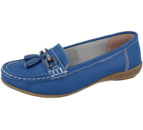 Damen-Mokassins, echtes Leder, mit Quaste, flach, nautische Bootsschuhe, Loafers, Größe 36-42, blau (french blue), 39 EU von Yinka Shoes
