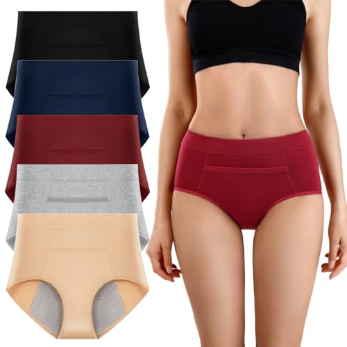 Yintry Damen-Periodenhöschen mit Tasche, Baumwoll-Menstruationshöschen, auslaufsichere Unterhosen, 5er-Pack Slips mit mittlerer Taille von Yintry