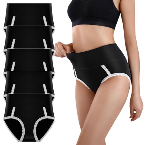 Yintry Damen-Spitzenhöschen, hohe Taille, Baumwolle, Stretch-Slip, weiche Unterhose, Damen-Unterwäsche mit vollständiger Abdeckung, 5er-Pack, Bauchkontrolle von Yintry