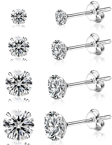 Yiorxu 4 Paar Ohrringe Silber 925 für Damen, Ohrstecker Silber 925, 5A+ Zirkonia, Größe: 3/4/5/6 mm, Hypoallergenes Ohrringe Set, Anti-Oxidation, Elastische Verpackung von Yiorxu