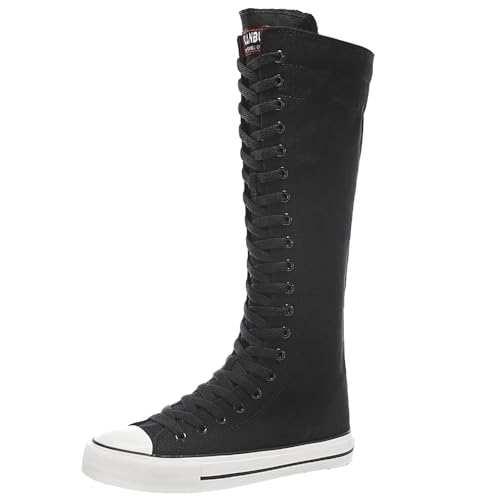 ANUFER Mädchen Damen Knie Hoch Leinwandstiefel Schnüren Reißverschluss Eben Sportschuhe Schwarz Weiße Sohle F888 EU35 von ANUFER