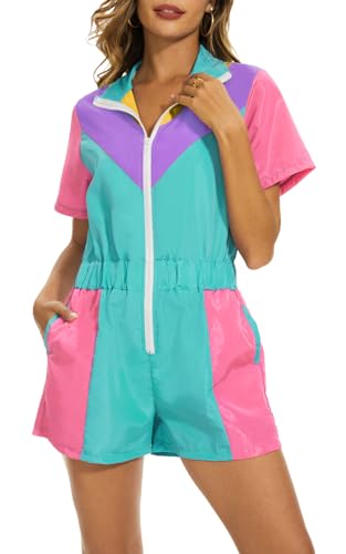 Yisfri Einteiliges Windbreaker-Outfit für Damen, Farbblock, Neon, kurze Ärmel, Reißverschluss vorne, elastische Taille, Overall, cyan, Medium Yisfri Einteiliges Windbreaker-Outfit für Damen, Farbblock, Neon, kurze Ärmel, Reißverschluss vorne, elastische Taille, Overall, cyan, Medium von Yisfri