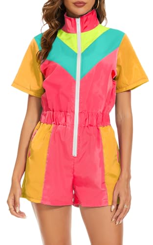 Yisfri Einteiliges Windbreaker-Outfit für Damen, Farbblock, Neon, kurze Ärmel, Reißverschluss vorne, elastische Taille, Overall, neon pink, Large Yisfri Einteiliges Windbreaker-Outfit für Damen, Farbblock, Neon, kurze Ärmel, Reißverschluss vorne, elastische Taille, Overall, neon pink, Large von Yisfri