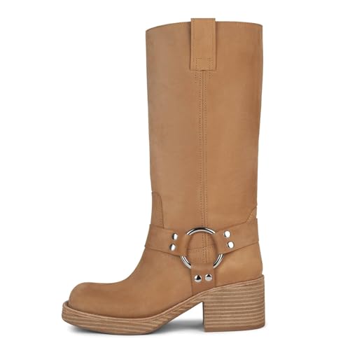 Yishaweiqi Damen Bikerstiefel mit Nieten, klobiger Absatz, quadratischer Zehenbereich, kniehohe Stiefel, seitlicher Reißverschluss, Westernstiefel, Herbstkleid, Reitstiefel, Motorradstiefel, CAMEL Yishaweiqi Damen Bikerstiefel mit Nieten, klobiger Absatz, quadratischer Zehenbereich, kniehohe Stiefel, seitlicher Reißverschluss, Westernstiefel, Herbstkleid, Reitstiefel, Motorradstiefel, CAMEL von Yishaweiqi