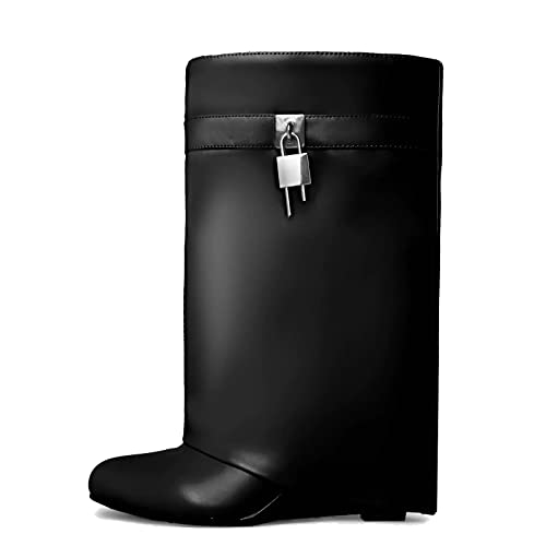Yishaweiqi Fold Over Boots for Women Chunky Heel Knee High Boots Pointed Toe Long Boots Pull On Wide Calf Tall Boots, 10black, 38 EU Yishaweiqi Fold Over Boots for Women Chunky Heel Knee High Boots Pointed Toe Long Boots Pull On Wide Calf Tall Boots, 10black, 38 EU von Yishaweiqi