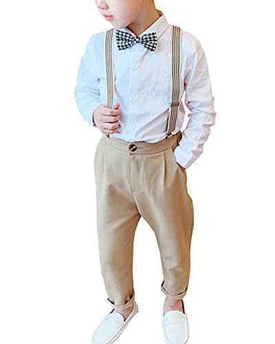 3-teiliges Kinder Junge Anzug Hochzeit Anzüge Gentleman Set Kinder Taufkleidung Anzug, Langarm Hemd + Hose mit Träger + Fliege Khaki Weiß(Langarm) 140 von Yishengwan