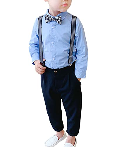 3-teiliges Kinder Junge Anzug Hochzeit Anzüge Gentleman Set Kinder Taufkleidung Anzug, Langarm Hemd + Hose mit Träger + Fliege Schwarz Blau(Langarm) 110 von Yishengwan