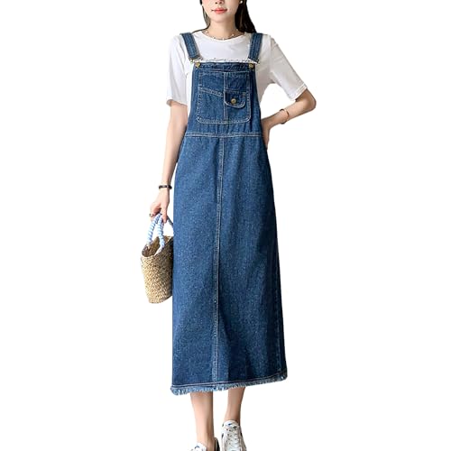 Damen Jeans Latzkleid A Linie Lang Lose Jeansrock Trägerrock Overall Kleid mit Taschen Blau L von Yishengwan