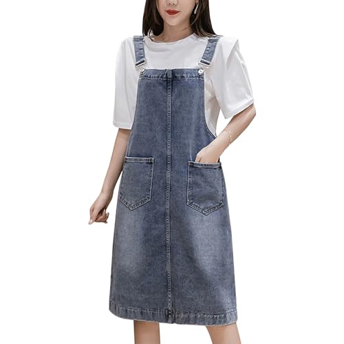 Damen Latzrock Jeans Latzkleid Mid Lang Trägerrock Jeansrock Overall mit Taschen Blau M von Yishengwan