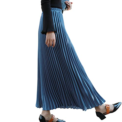 Lang Faltenröcke Damen Elastische Hohe Taille Swing Rock Plisseerock Blau Grau L von Yishengwan