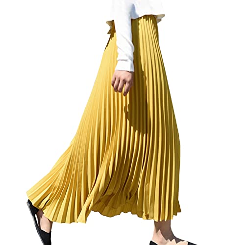 Lang Faltenröcke Damen Elastische Hohe Taille Swing Rock Plisseerock Gelb L von Yishengwan