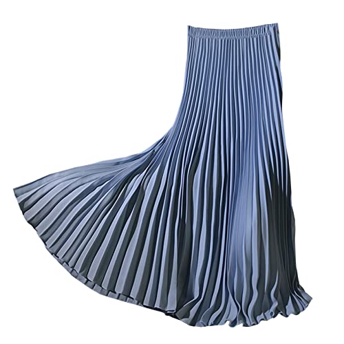 Lang Faltenröcke Damen Elastische Hohe Taille Swing Rock Plisseerock Hellblau L von Yishengwan