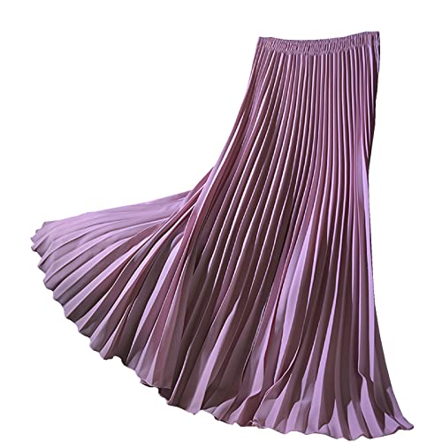 Lang Faltenröcke Damen Elastische Hohe Taille Swing Rock Plisseerock Lotusfarbe M von Yishengwan