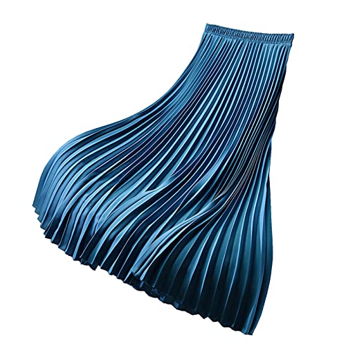 Lang Faltenröcke Damen Elastische Hohe Taille Swing Rock Plisseerock Pfauenblau M von Yishengwan