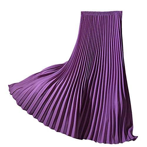 Lang Faltenröcke Damen Elastische Hohe Taille Swing Rock Plisseerock Violett L von Yishengwan