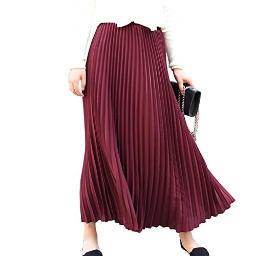 Lang Faltenröcke Damen Elastische Hohe Taille Swing Rock Plisseerock Weinrot M von Yishengwan