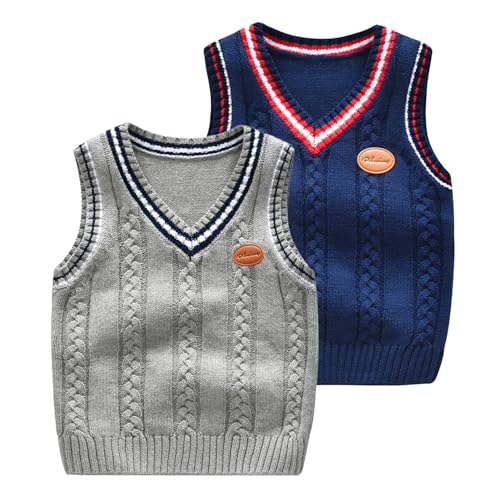 Yishengwan 2er Pack Kinder Jungen V-Ausschnitt Strickweste Mädchen Weste Top Ärmellos Sweater Pullover Grau+Marine 130 von Yishengwan