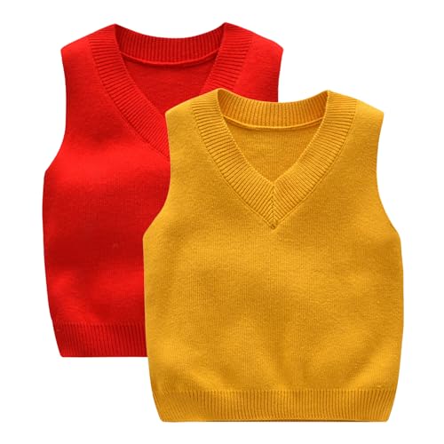 Yishengwan 2er Pack Strickweste Kinder V-Ausschnitt Ärmellos Pullunder Strickpullover Gestrickte Oberteile Weste Rot+Gelb 80 von Yishengwan