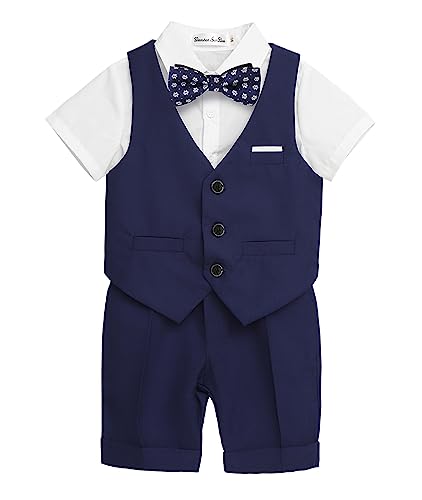 Yishengwan 3/4-teiliges Kinder Junge Sommer Hochzeit Kinderanzug, Festliche Anzüge Outfit,Anzüge Weste, Kurzarm Hemd, Kurze Hose, Fliege Marine(4 PCS) 150 von Yishengwan