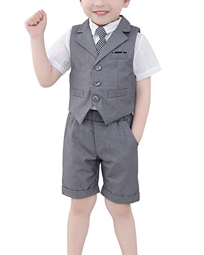 Yishengwan 3 Teiliges Anzug Set für Kinder Jungen Gentleman Hochzeit Festlich Kinderanzug Bekleidung, Weste + Kurze Hose + Krawatte Grau 140 von Yishengwan