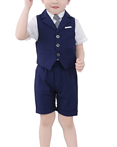 Yishengwan 3 Teiliges Anzug Set für Kinder Jungen Gentleman Hochzeit Festlich Kinderanzug Bekleidung, Weste + Kurze Hose + Krawatte Marine 140 von Yishengwan