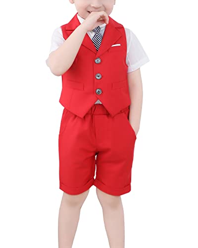 Yishengwan 3 Teiliges Anzug Set für Kinder Jungen Gentleman Hochzeit Festlich Kinderanzug Bekleidung, Weste + Kurze Hose + Krawatte Rot 140 von Yishengwan