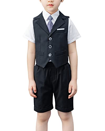 Yishengwan 4-teiliges Kinder Junge Anzug Sommer Hochzeit Anzüge, Weste + Kurzarm Hemd + Kurze Hose + Fliege, Gentleman Set Kinder Taufkleidung Anzug Schwarz 160 von Yishengwan