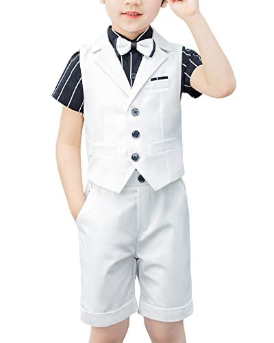 Yishengwan 4-teiliges Kinder Junge Anzug Sommer Hochzeit Anzüge, Weste + Kurzarm Hemd + Kurze Hose + Fliege, Gentleman Set Kinder Taufkleidung Anzug Weiß 160 von Yishengwan