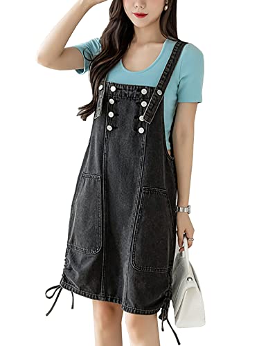 Yishengwan Damen Jeans Latzkleid Denim Overall Kleid Jumpsuit Kurze Latzrock Trägerrock Jeansrock Grau 4XL von Yishengwan