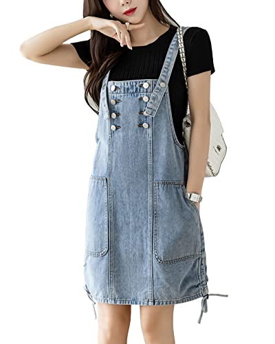 Yishengwan Damen Kurze Jeans Latzkleid Denim Overall Kleid Jumpsuit Latzrock Trägerrock Jeansrock mit Taschen Hellblau M von Yishengwan